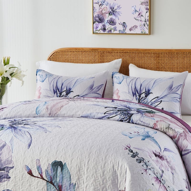 Yogeneg Full Queen Size Quilt Set,Elegant Floral Botanical Pattern Purple Bedding Set,3 Piece Lightweight Soft Summer Bedspread Coverlet with 2 PIillow Sham for All Season(Purple Floral,90"x96") - Image 2