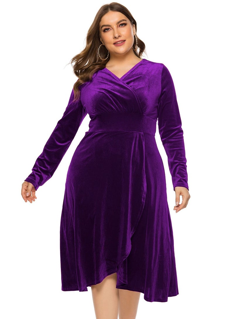 Loquat Women's Autumn V-Neck Long Sleeved Gold Velvet Dress  - Image 1