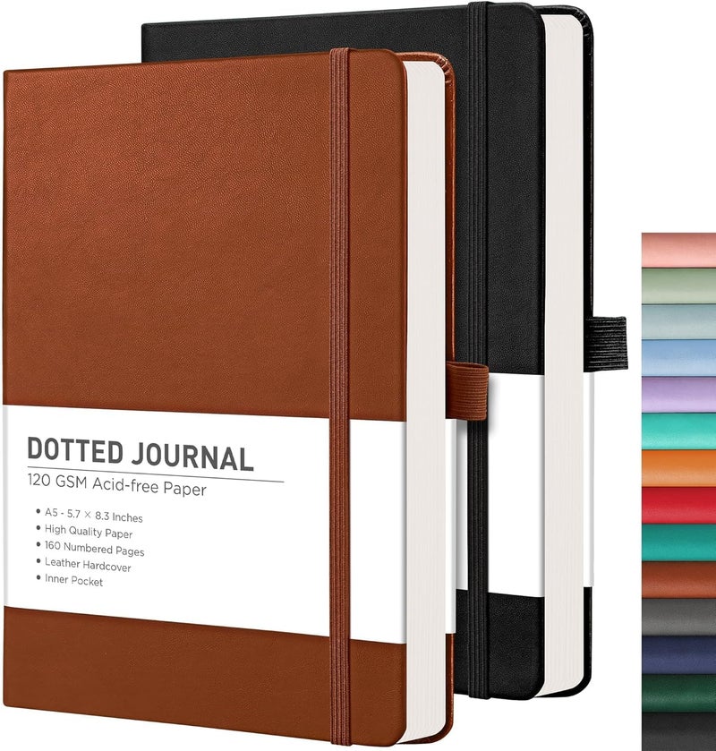 RETTACY Bullet Dotted Journal Notebook, 2-Pack, 160 Numbered Pages per Pack, A5 Medium Size (5.7'' x 8.3''), 120 GSM Thick Paper, Leather Hardcover, for Bullet Journaling (Black & Brown) - Image 1