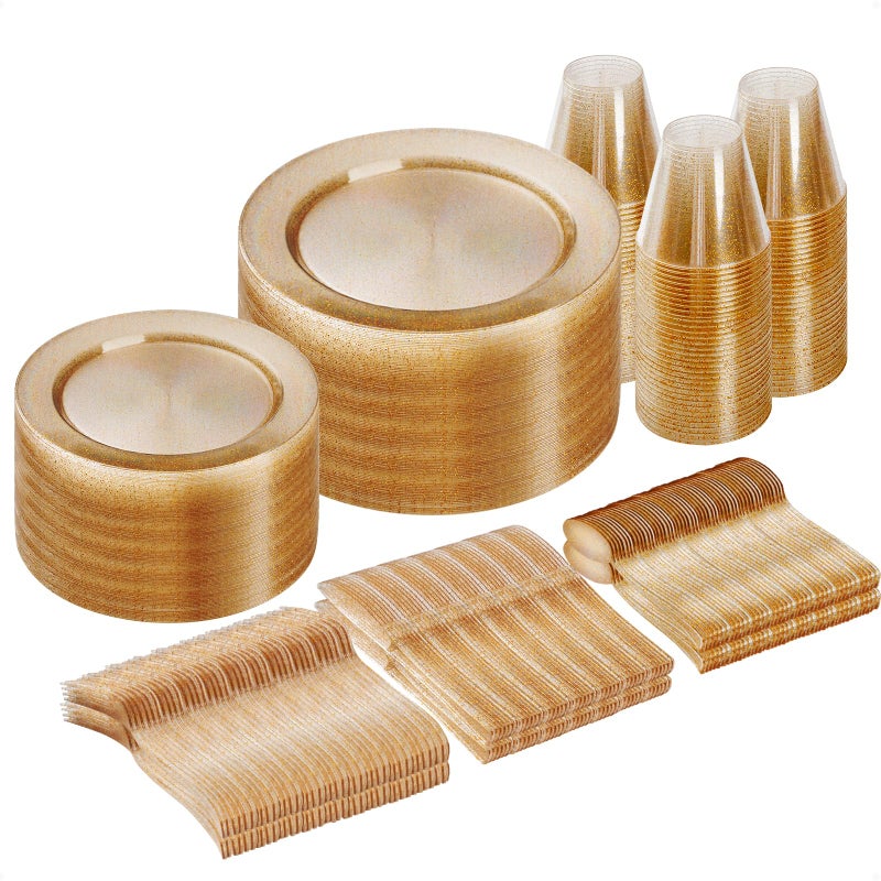 Goodluck 300 Piece Gold Glitter Disposable Plates for 50 Guests Plastic Plates for Party Wedding Dinnerware Set of 50 Dinner Plates 50 Salad Plates 50 Spoons 50 Forks 50 Knives 50 Cups