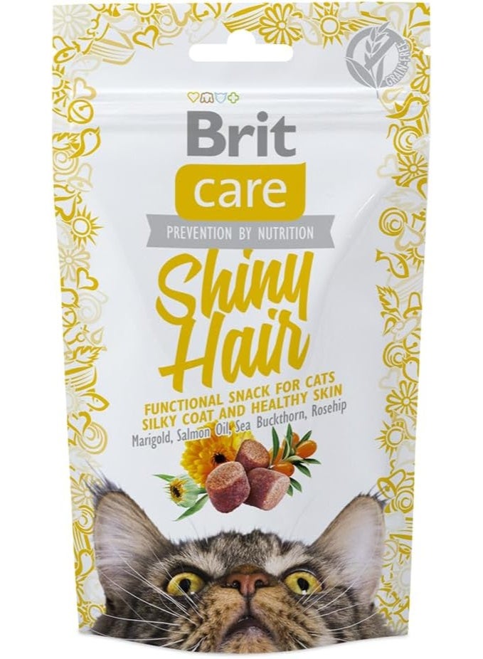 بريت كير چمکدار ہیئر فنکشنل کیٹ سنیکس، 50 گرام - ریشمی کوٹ اور صحت مند جلد کے لیے میریگولڈ، سالمن آئل اور سی بکتھورن کے ساتھ، ہیئر بال کنٹرول - Image 1