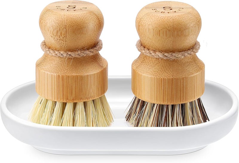 SUBEKYU Bamboo Dish Scrub Brushes, Bubble Up Bamboo Dish Brush Set with Brush Tray, Kitchen Wooden Cleaning Scrubbers Set for Washing Cast Iron Pan/Pot, Natural Sisal +Coconut Palbristles, Set of 2 - Image 1