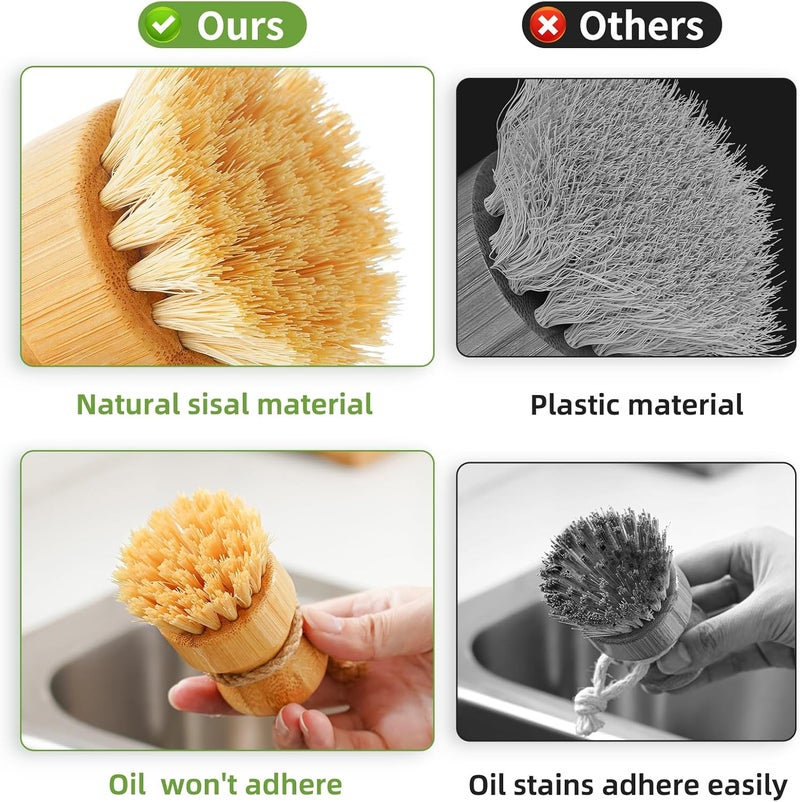 SUBEKYU Bamboo Dish Scrub Brushes, Bubble Up Bamboo Dish Brush Set with Brush Tray, Kitchen Wooden Cleaning Scrubbers Set for Washing Cast Iron Pan/Pot, Natural Sisal +Coconut Palbristles, Set of 2 - Image 4