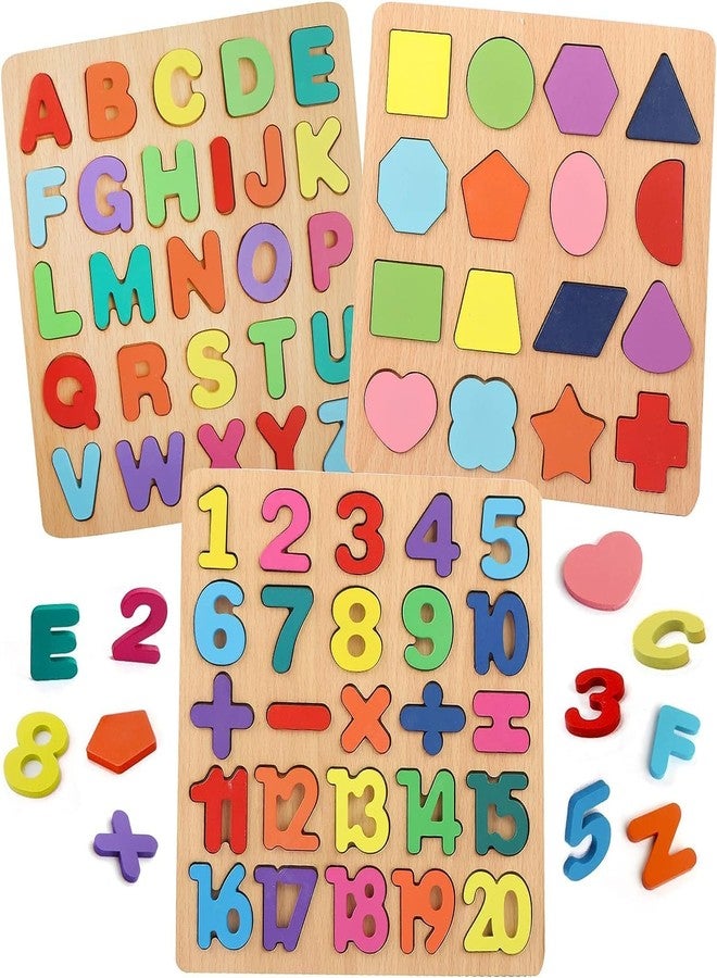 مجموعة ألواح ألغاز خشبية ملونة من Tiny Toys مع حروف أبجدية ثلاثية الأبعاد وأرقام وأشكال | لوحة مونتيسوري التعليمية الحسية للأطفال - (عبوة من 3 قطع) ألعاب ABCD للأطفال - Image 1