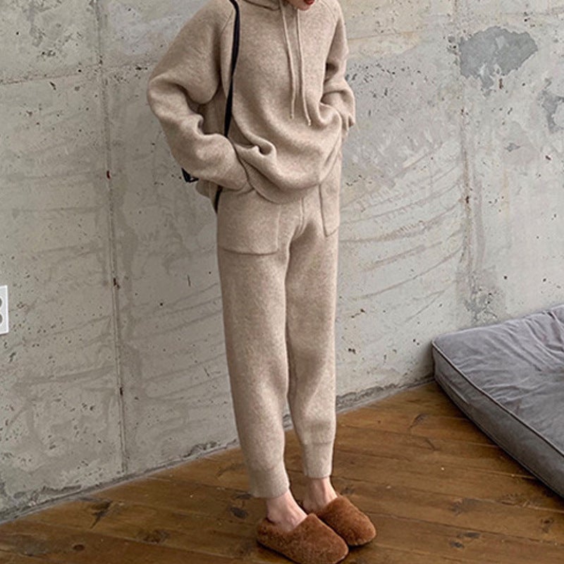 Chic Loose Hoodie  Carrot Pants Knit Set Autumn Winter Black - Image 2