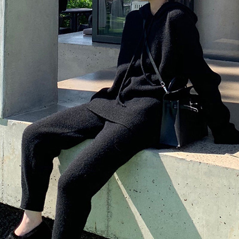 Chic Loose Hoodie  Carrot Pants Knit Set Autumn Winter Black - Image 1
