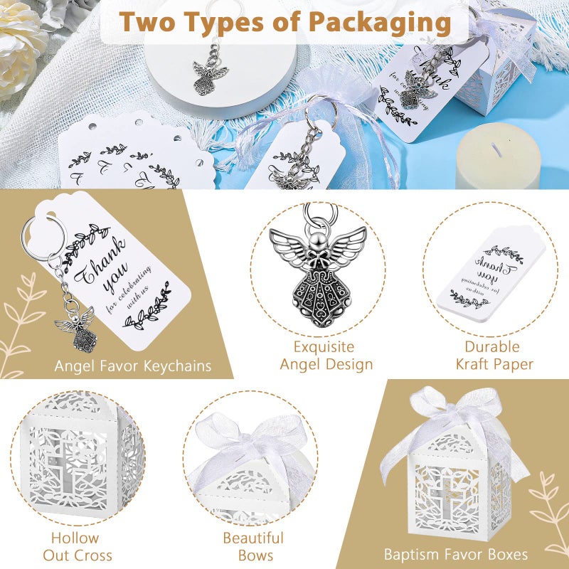 Bonuci 120 Pieces Baptism Party Favors Angel Keychain Pendant First Communion Party Boxes White Organza Bags with Drawstring Thank You Tags for Guests Baby Shower, 30 Sets - Image 3