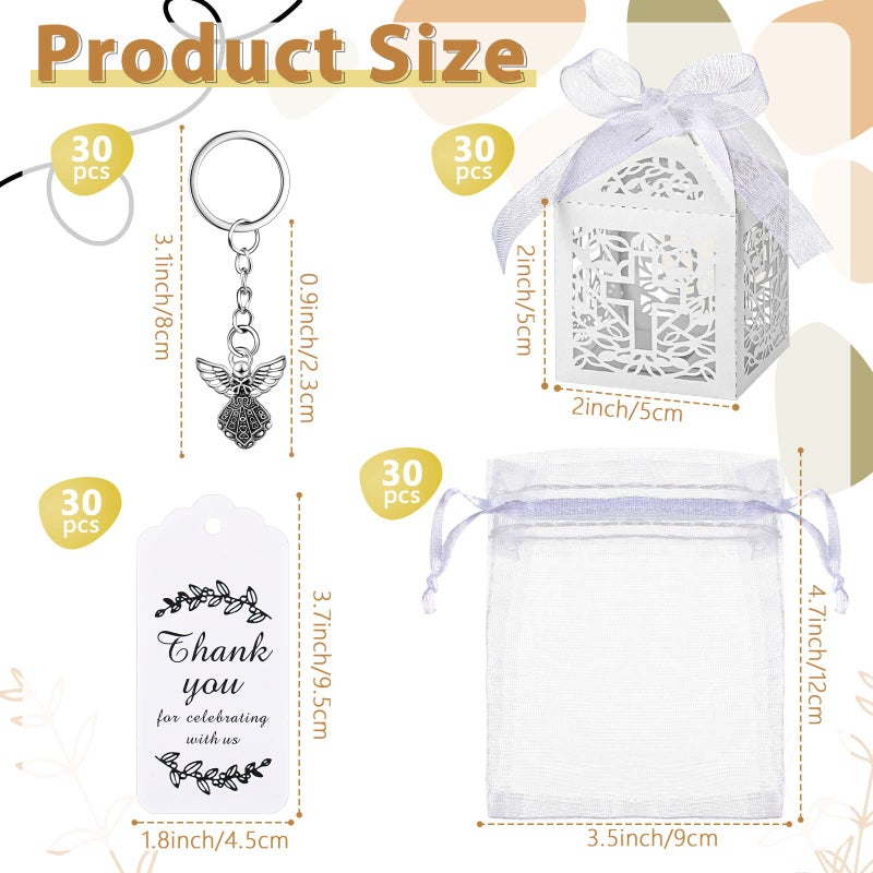 Bonuci 120 Pieces Baptism Party Favors Angel Keychain Pendant First Communion Party Boxes White Organza Bags with Drawstring Thank You Tags for Guests Baby Shower, 30 Sets - Image 2