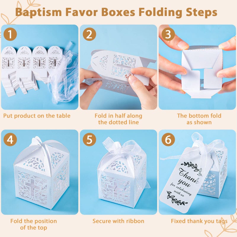Bonuci 120 Pieces Baptism Party Favors Angel Keychain Pendant First Communion Party Boxes White Organza Bags with Drawstring Thank You Tags for Guests Baby Shower, 30 Sets - Image 4