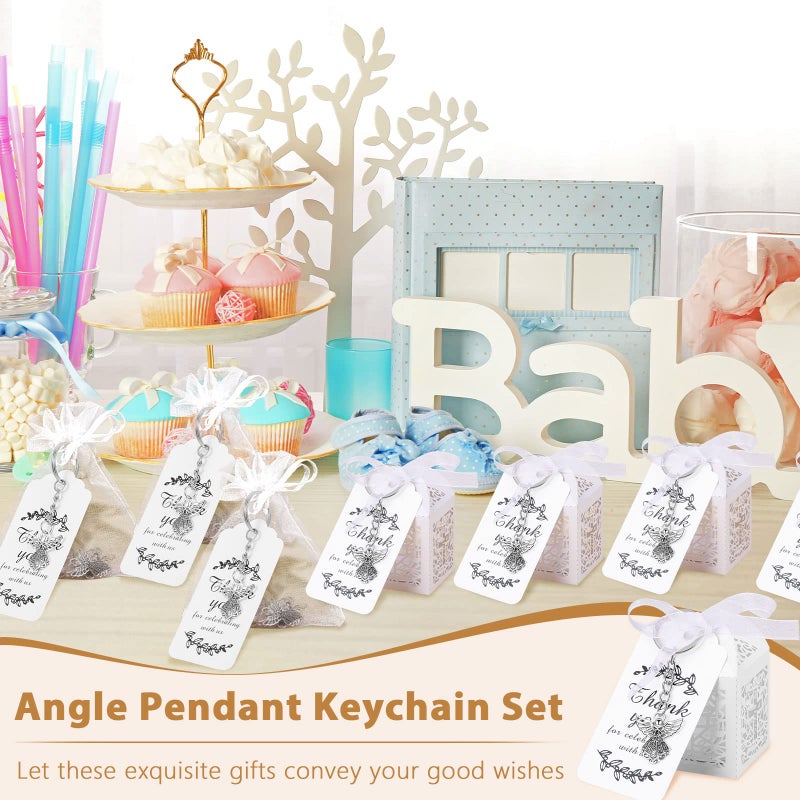 Bonuci 120 Pieces Baptism Party Favors Angel Keychain Pendant First Communion Party Boxes White Organza Bags with Drawstring Thank You Tags for Guests Baby Shower, 30 Sets - Image 5