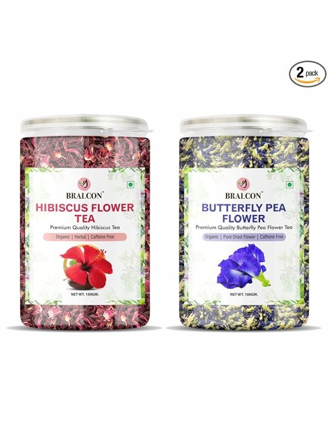 BRALCON Organic Herbal Tea Combo Pack- Hibiscus Flower Tea and Butterfly Pea Flower Tea- 200g(100g x 2 Pack) | Hibiscus Tea Leaves | Blue Pea Tea| Reduce Stress, Improve Digestion - Image 1