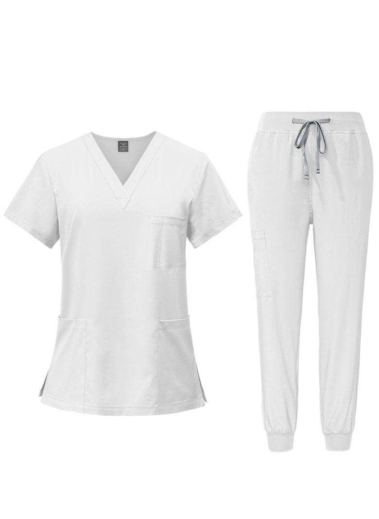 Loquat Medical Uniform Unisex Scrubs Set Medical Scrubs 2 Piece Set Top and Pants Suit White 