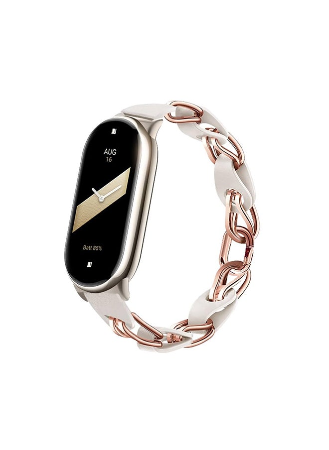 O Ozone Bands Compatible with Xiaomi Smart Band 8 Strap, Stainless Steel Leather Ring Chain Belt Replacement Watch Band for Women- Silver & Rose Gold 