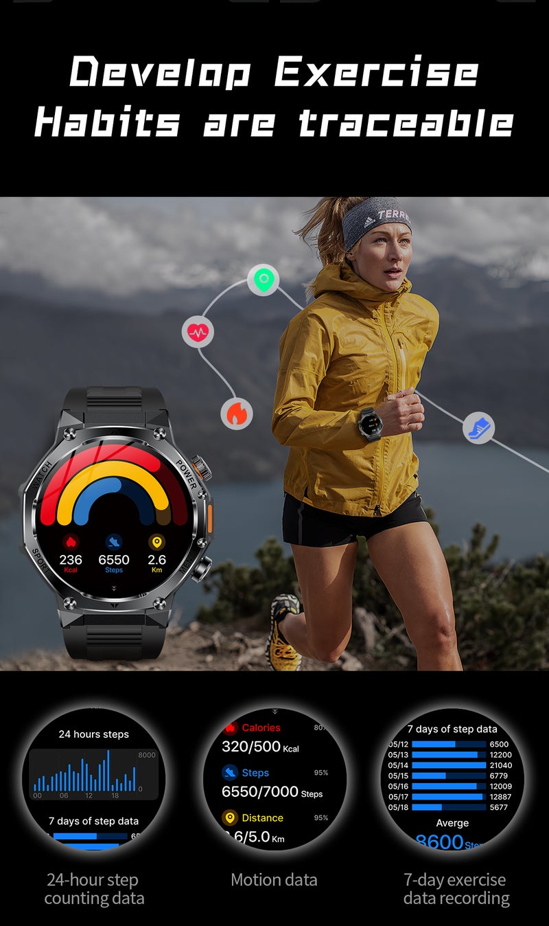 SACOSDING Militrary Smart Watch for Men,1.8" HD/800mAh Battery Smart watches for Android/iOS (Bluetooth Call Answer/Calls)Fitness Tracker,100+ Sports/LED Flashlight/IP68 Waterproof/Sleep Tracker Smartwatch - Image 5