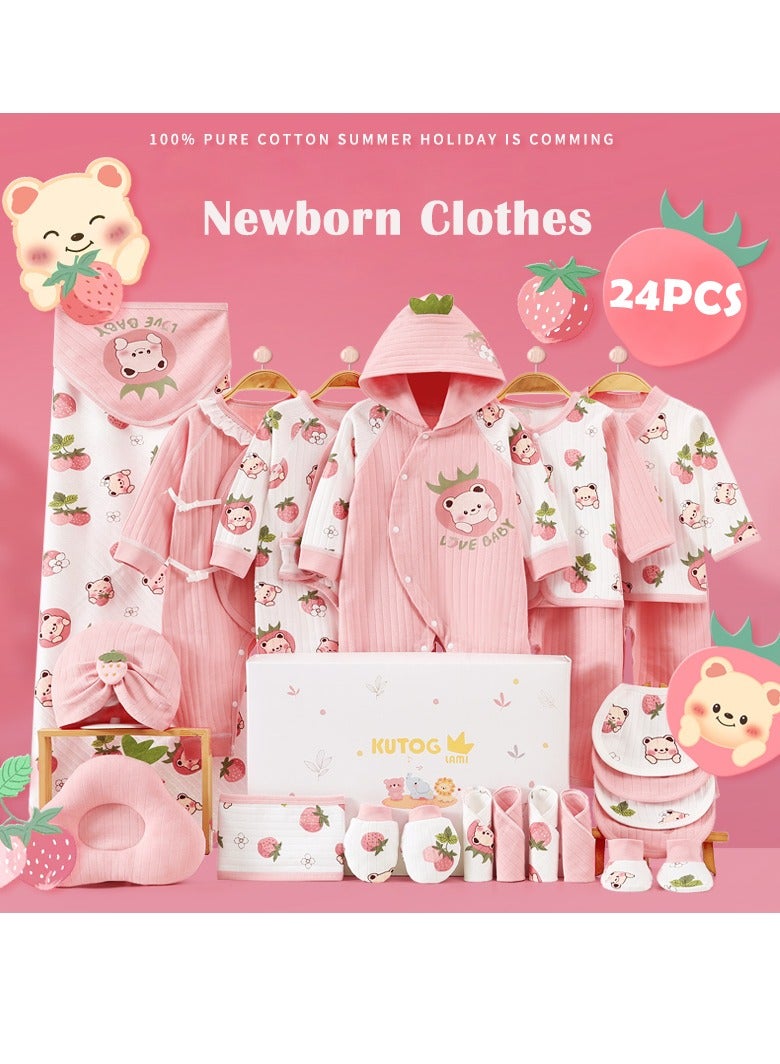 انسولار 24 قطعة صندوق هدايا للمولود الجديد، مجموعة ملابس بتصميم دب الفراولة من القطن 100%، مجموعة أساسيات كاملة للرضع وهدية مثالية لحفلة الاستقبال للأولاد والبنات، مناسبة لجميع الفصول - Image 1