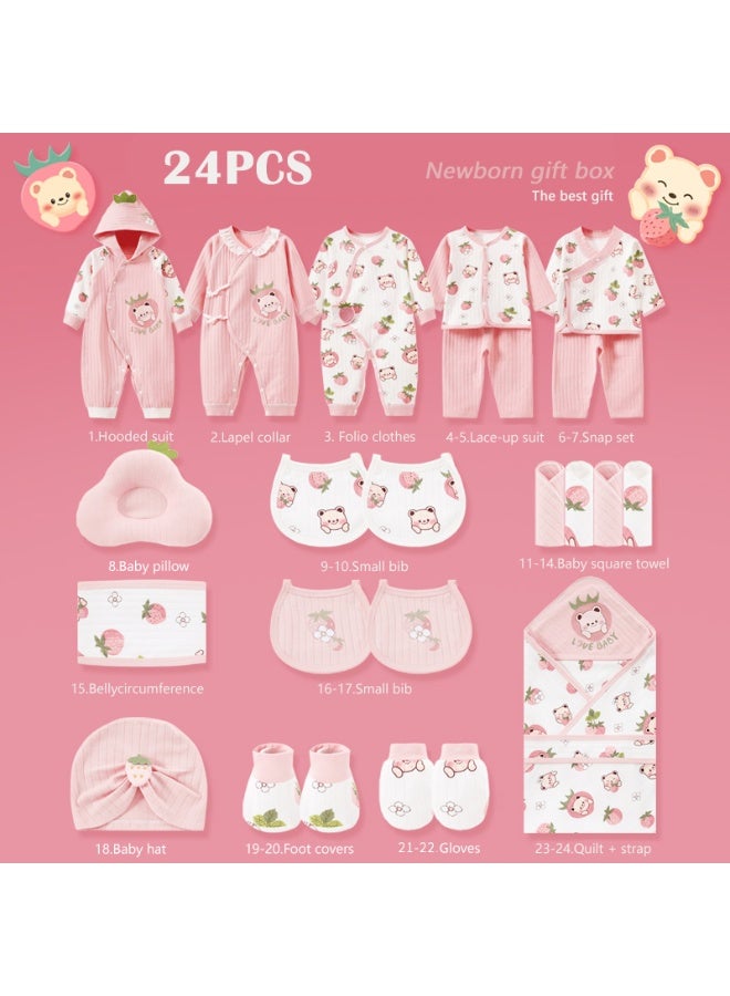 انسولار 24 قطعة صندوق هدايا للمولود الجديد، مجموعة ملابس بتصميم دب الفراولة من القطن 100%، مجموعة أساسيات كاملة للرضع وهدية مثالية لحفلة الاستقبال للأولاد والبنات، مناسبة لجميع الفصول - Image 3