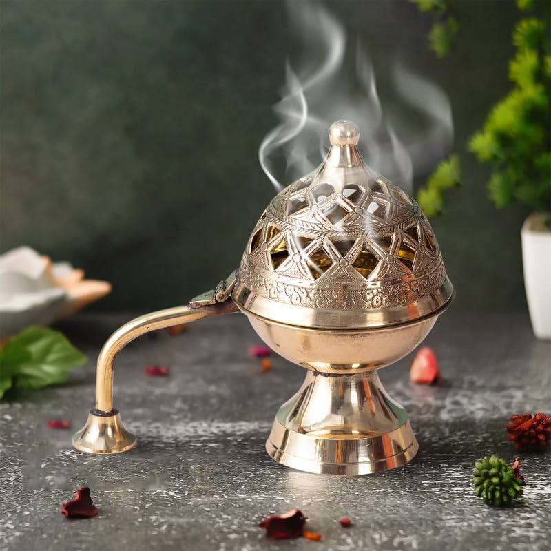 Nestroots Brass Dhuna Loban Burner, Round Dhooni Dhoop Dani Incense Burner, Table-Top Brass Incense Holder for Loban, Elegant and Traditional Dhoop Dani for Purifying Home (5-Inch Golden) - Image 3