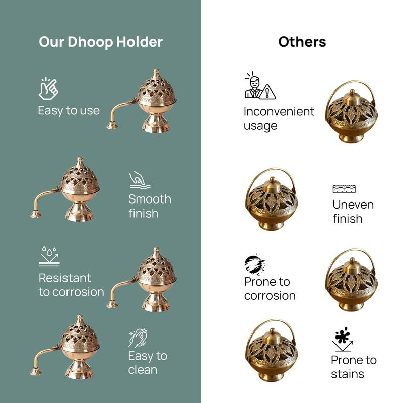 Nestroots Brass Dhuna Loban Burner, Round Dhooni Dhoop Dani Incense Burner, Table-Top Brass Incense Holder for Loban, Elegant and Traditional Dhoop Dani for Purifying Home (5-Inch Golden) - Image 5
