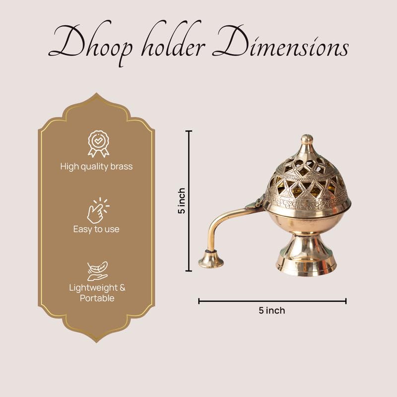 Nestroots Brass Dhuna Loban Burner, Round Dhooni Dhoop Dani Incense Burner, Table-Top Brass Incense Holder for Loban, Elegant and Traditional Dhoop Dani for Purifying Home (5-Inch Golden) - Image 2