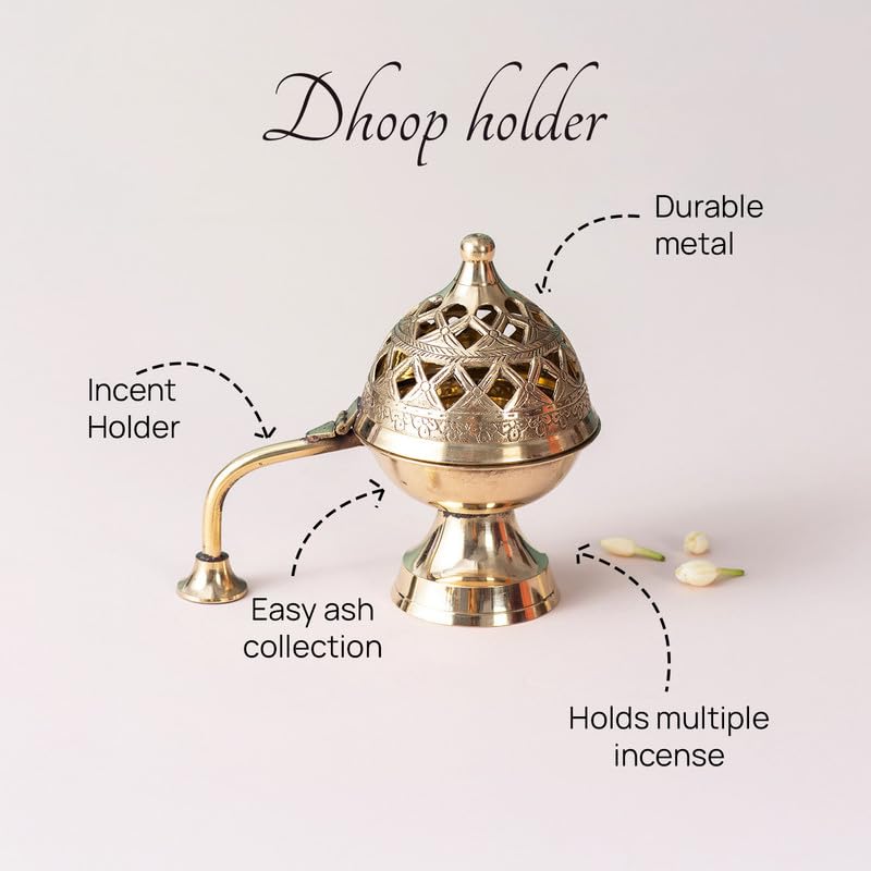 Nestroots Brass Dhuna Loban Burner, Round Dhooni Dhoop Dani Incense Burner, Table-Top Brass Incense Holder for Loban, Elegant and Traditional Dhoop Dani for Purifying Home (5-Inch Golden) - Image 4