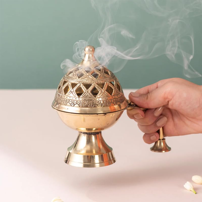 Nestroots Brass Dhuna Loban Burner, Round Dhooni Dhoop Dani Incense Burner, Table-Top Brass Incense Holder for Loban, Elegant and Traditional Dhoop Dani for Purifying Home (5-Inch Golden) - Image 1