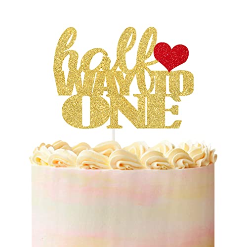 Festiko®Half Way to one Birthday Cake Topper Double Sided Sliver Glitter 6 Months Half Birthday First Birthday Party Decorations - Image 1