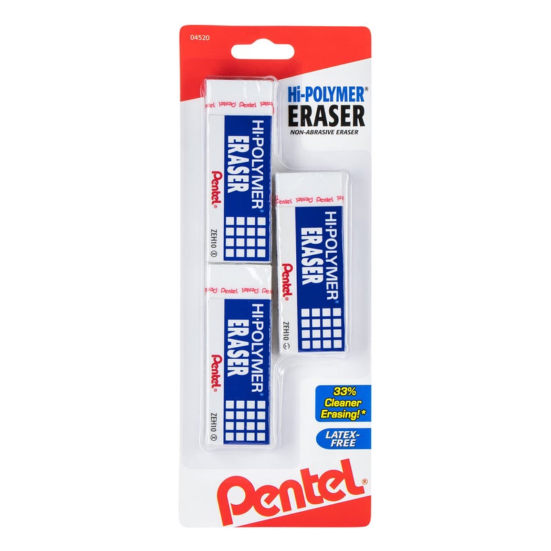 Pentel Hi-polymer Block Eraser, Large, 3 Pack, White (ZEH10BP3-K6) - Image 1