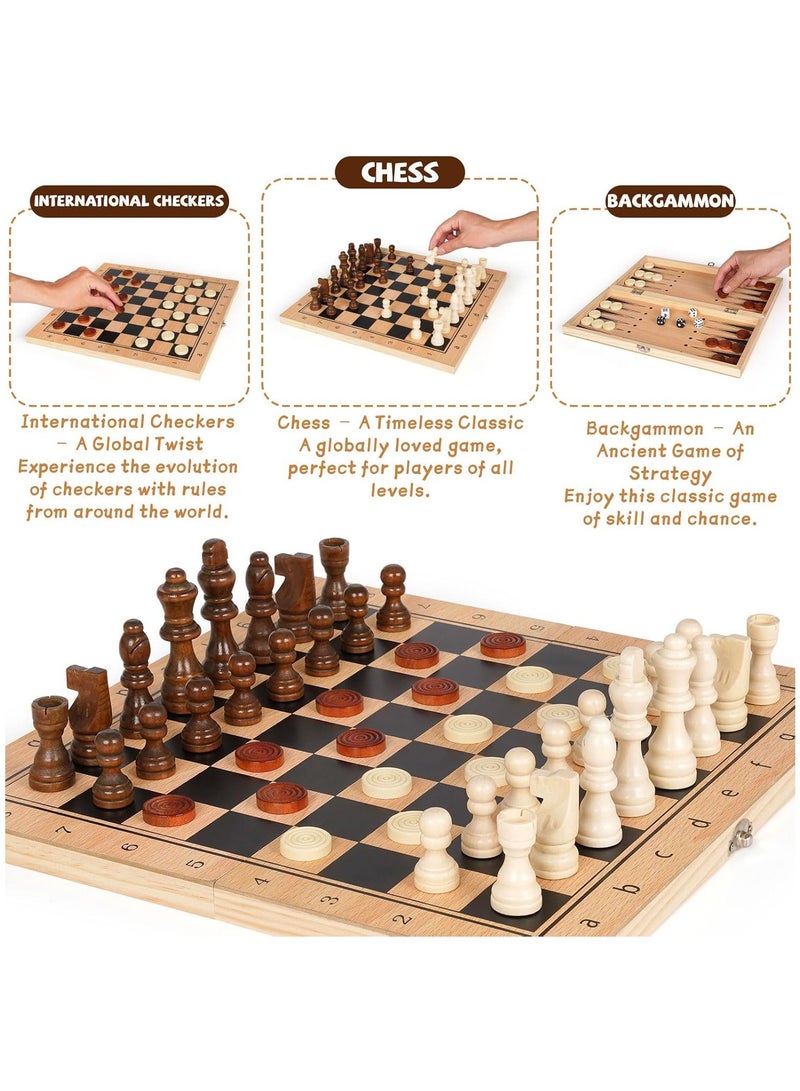 3-in-1 Wooden Chess, Backgammon, and Checkers Set - Premium Foldable Game Board with Storage for Adults - Portable Strategy Board Games for Family Game Night, Travel,Board Games for 2 Players  - Image 4