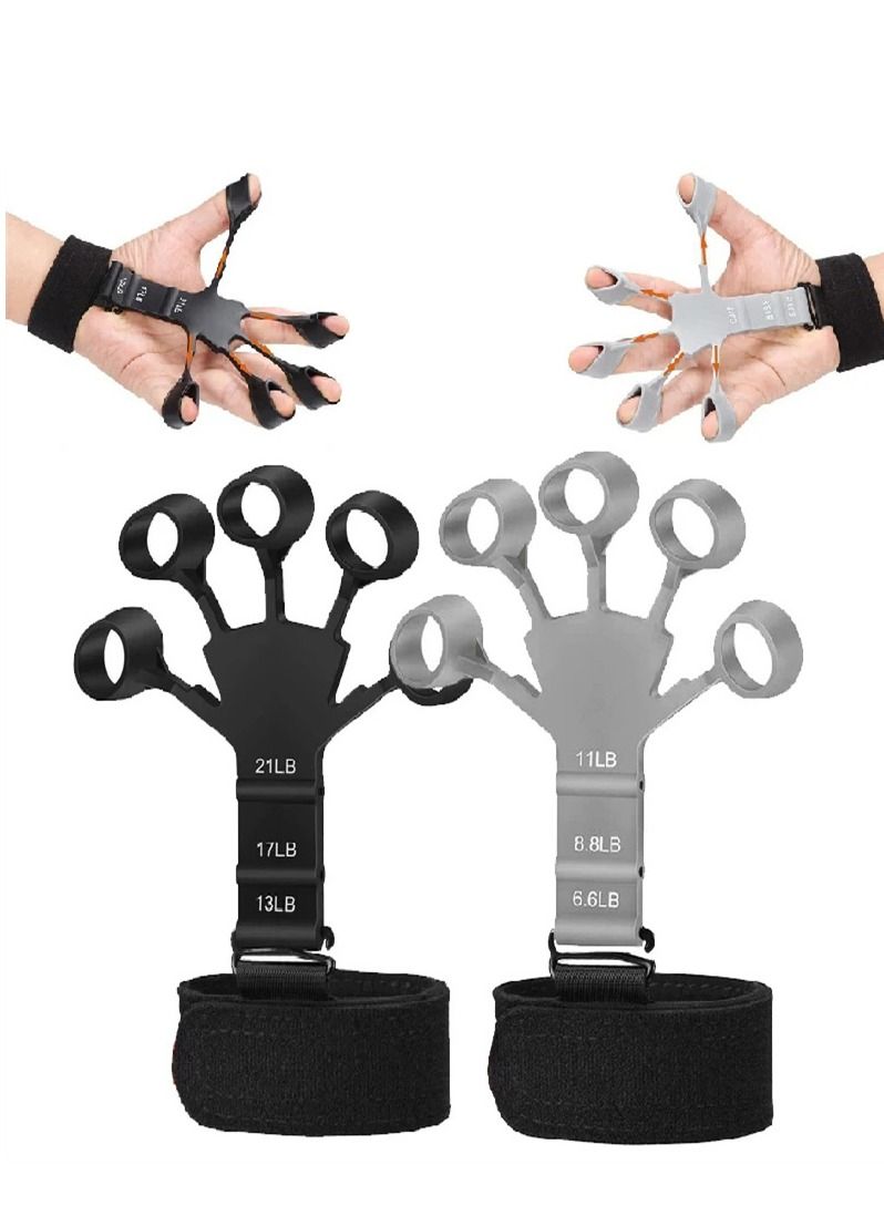 2PCS Finger Strengthener, Adjustable Finger Exerciser, 6 Resistant Level Finger Extension Exerciser, Finger Resistance Band, Finger Flexion Extension Training for Strength Training（Black+Gray)