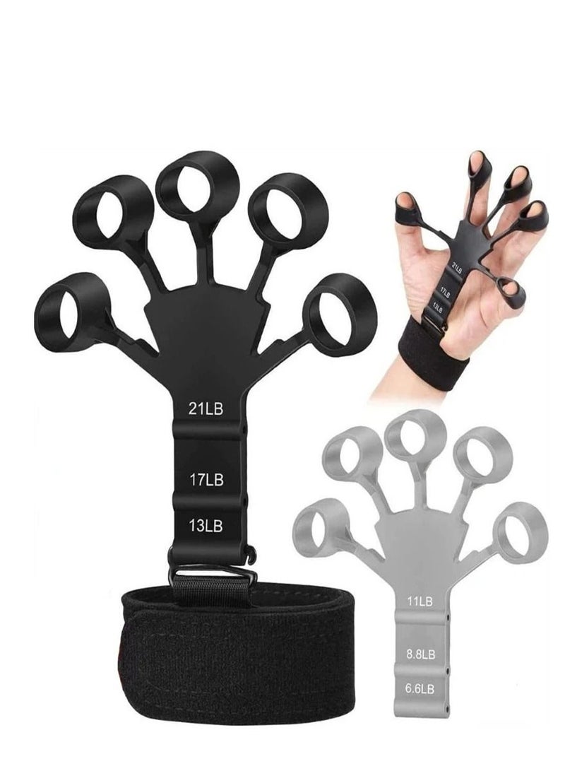 2PCS Finger Strengthener, Adjustable Finger Exerciser, 6 Resistant Level Finger Extension Exerciser, Finger Resistance Band, Finger Flexion Extension Training for Strength Training（Black+Gray)