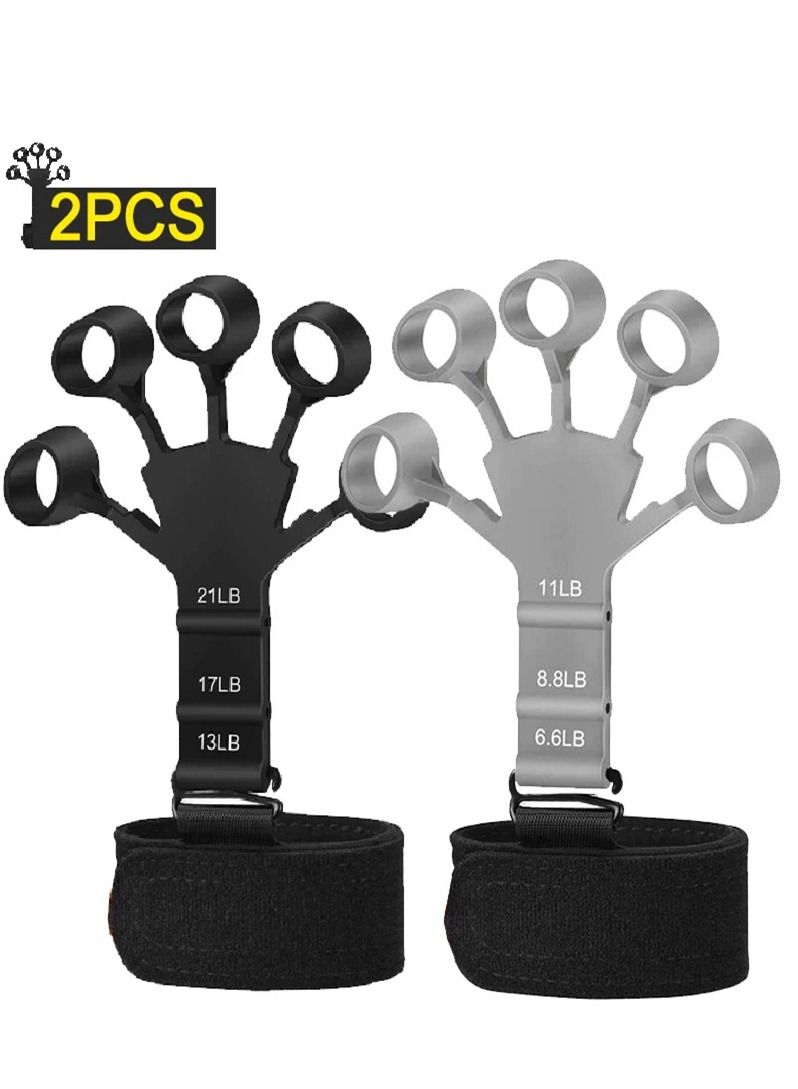2PCS Finger Strengthener, Adjustable Finger Exerciser, 6 Resistant Level Finger Extension Exerciser, Finger Resistance Band, Finger Flexion Extension Training for Strength Training（Black+Gray)