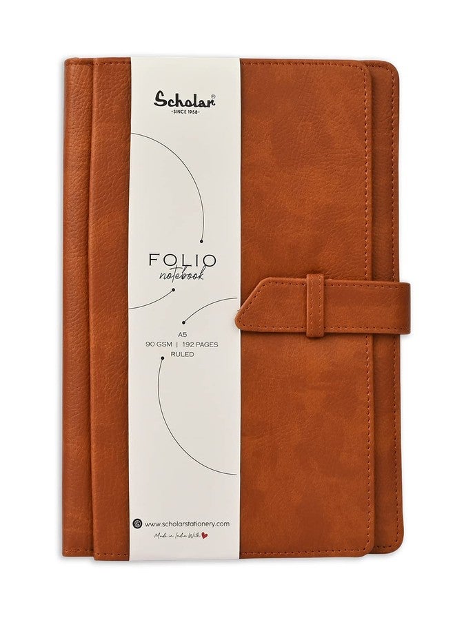Scholar Folio Notebook - 192 Pages | 80 GSM Premium Writing Paper | Leather Textured PU Cover with Padded Finish | Flap Insert Closure with 3 Inner Slits | Professional Notebook for Office, Business Meetings, Travel & Daily Writing (A5) (Tan) - Image 1