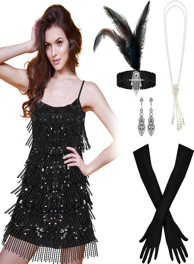 Shinymoon 5 Pcs 1920s Outfit for Woman Flapper Mardi Gras Costumes Accessories Set Dress Pearl Necklace Earrings Headband(Small) - Image 2