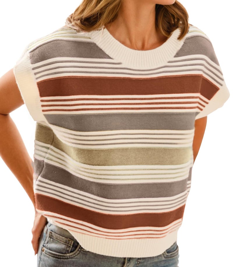 FireSwan Womens Cap Sleeve Sweater Vest Striped Color Block Loose Tank Tops Trendy Vacation Outfits Cute Summer Spring Top Brown - Image 1