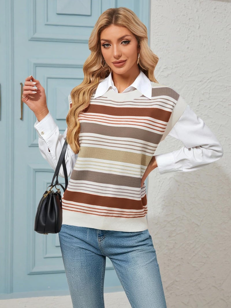 FireSwan Womens Cap Sleeve Sweater Vest Striped Color Block Loose Tank Tops Trendy Vacation Outfits Cute Summer Spring Top Brown - Image 3