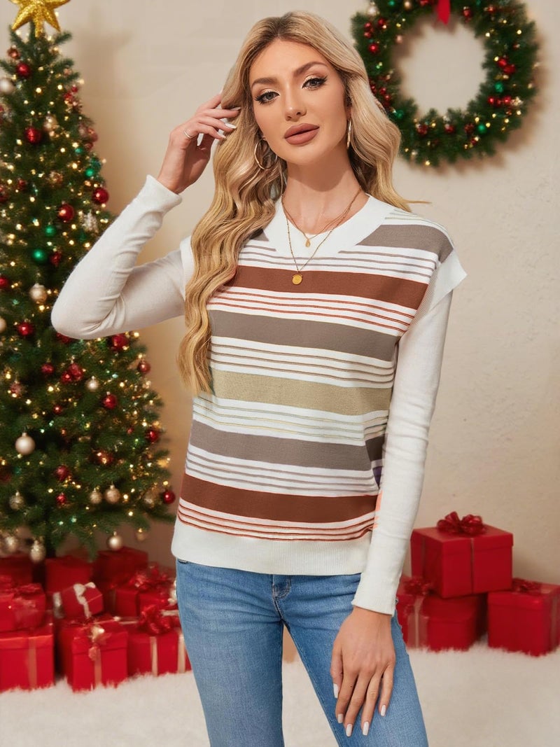 FireSwan Womens Cap Sleeve Sweater Vest Striped Color Block Loose Tank Tops Trendy Vacation Outfits Cute Summer Spring Top Brown - Image 4