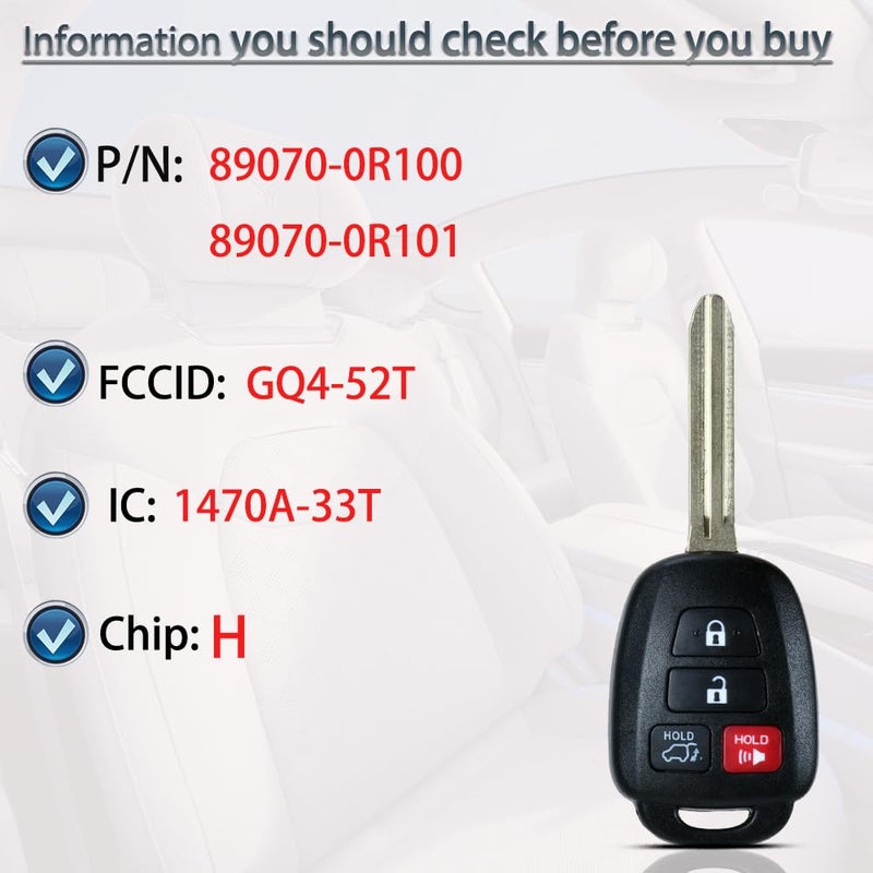 SUPALAND Key Fob Keyless Entry Fits for Toyota RAV4 Highlander Sequoia 2013 2014 2015 2016 2017 2018 Remote Control Key Replacement 4 Button GQ4-52T 89070-0R100 H-Chip (Set of 2) - Image 4