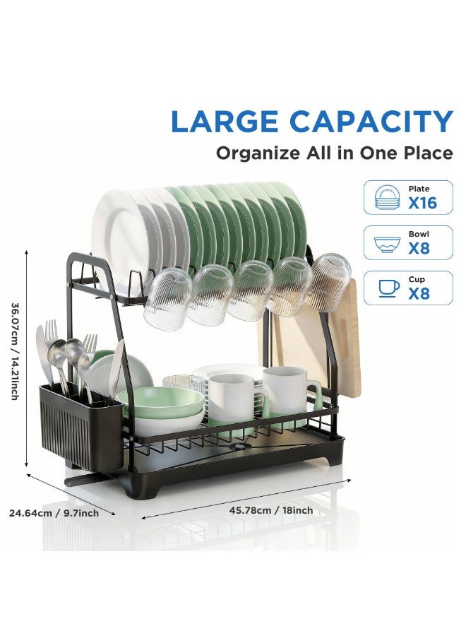 ZIMNEST 2-Tier Dish Drying Rack with No Water Buildup Drainboard, Keeps Counter Dry, Large Capacity Rustproof Dish Drainer for Kitchen Countertop with Utensil Holder - Image 3