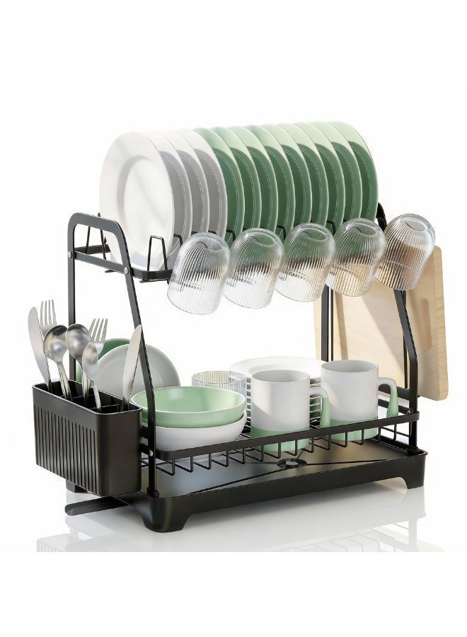 ZIMNEST 2-Tier Dish Drying Rack with No Water Buildup Drainboard, Keeps Counter Dry, Large Capacity Rustproof Dish Drainer for Kitchen Countertop with Utensil Holder - Image 1
