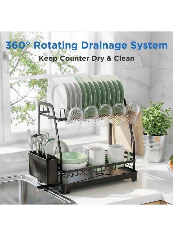 ZIMNEST 2-Tier Dish Drying Rack with No Water Buildup Drainboard, Keeps Counter Dry, Large Capacity Rustproof Dish Drainer for Kitchen Countertop with Utensil Holder - Image 4