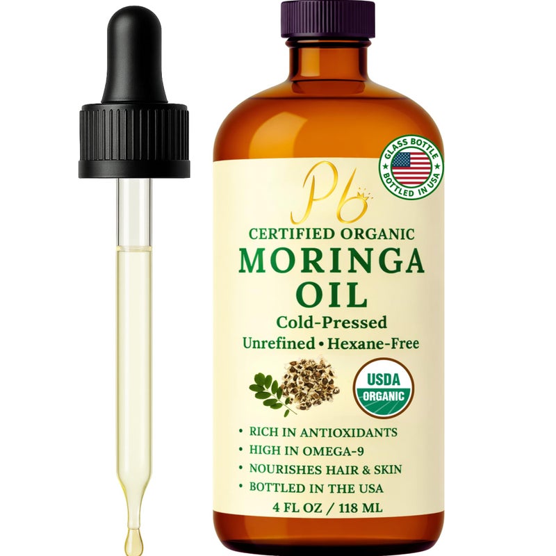 Pomberries Organic Moringa Oil â€“ USDA Certified 100% Pure, Cold-Pressed & Unrefined â€“ Moringa Seed Oil for Face, Skin, Hair & Body â€“ Hydrating, Anti-Aging Moisturizer â€“ 4 fl oz Amber Glass Bottle - Image 1