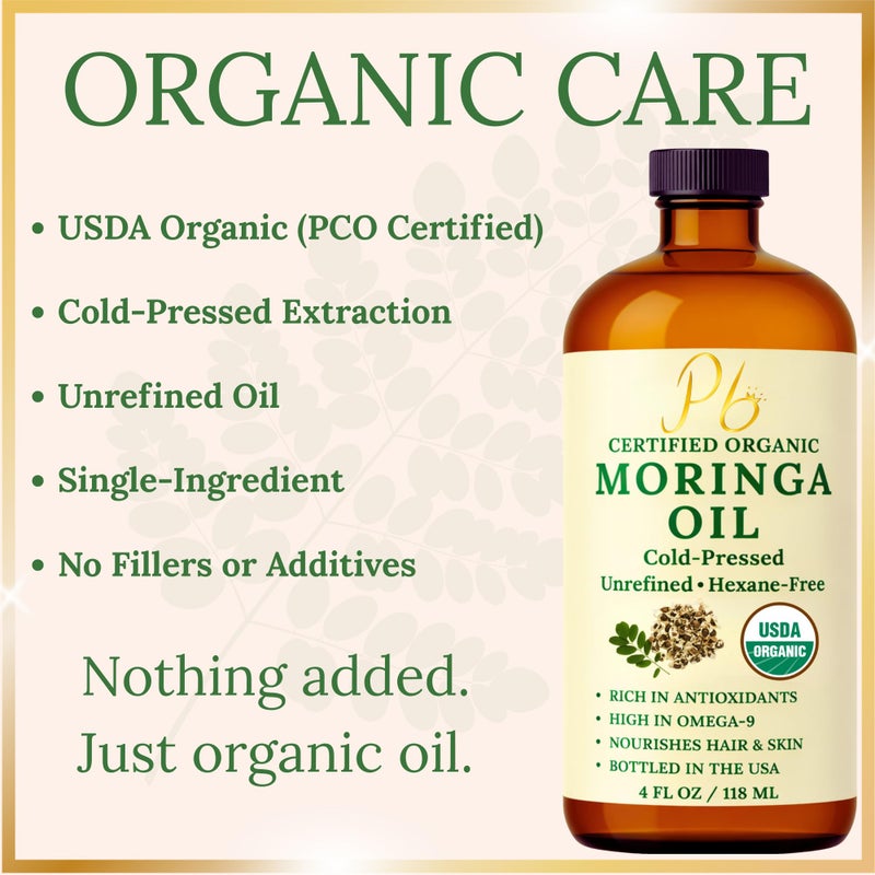 Pomberries Organic Moringa Oil â€“ USDA Certified 100% Pure, Cold-Pressed & Unrefined â€“ Moringa Seed Oil for Face, Skin, Hair & Body â€“ Hydrating, Anti-Aging Moisturizer â€“ 4 fl oz Amber Glass Bottle - Image 4