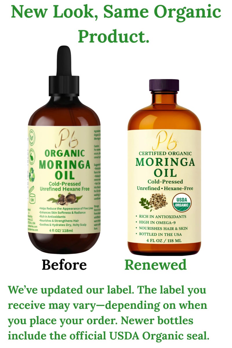Pomberries Organic Moringa Oil â€“ USDA Certified 100% Pure, Cold-Pressed & Unrefined â€“ Moringa Seed Oil for Face, Skin, Hair & Body â€“ Hydrating, Anti-Aging Moisturizer â€“ 4 fl oz Amber Glass Bottle - Image 2