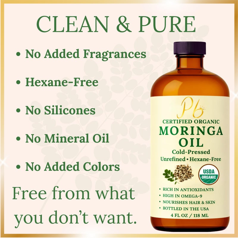 Pomberries Organic Moringa Oil â€“ USDA Certified 100% Pure, Cold-Pressed & Unrefined â€“ Moringa Seed Oil for Face, Skin, Hair & Body â€“ Hydrating, Anti-Aging Moisturizer â€“ 4 fl oz Amber Glass Bottle - Image 5