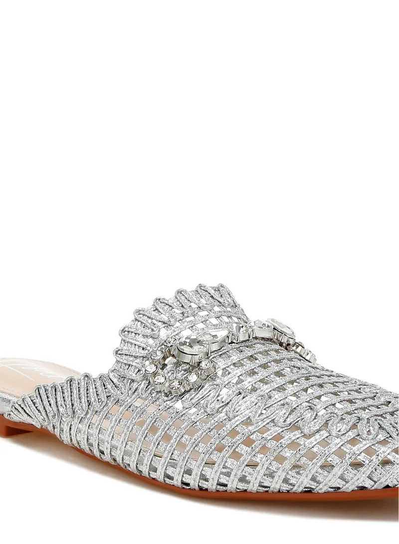 London Rag Metallic Woven Diamante Mules in Silver