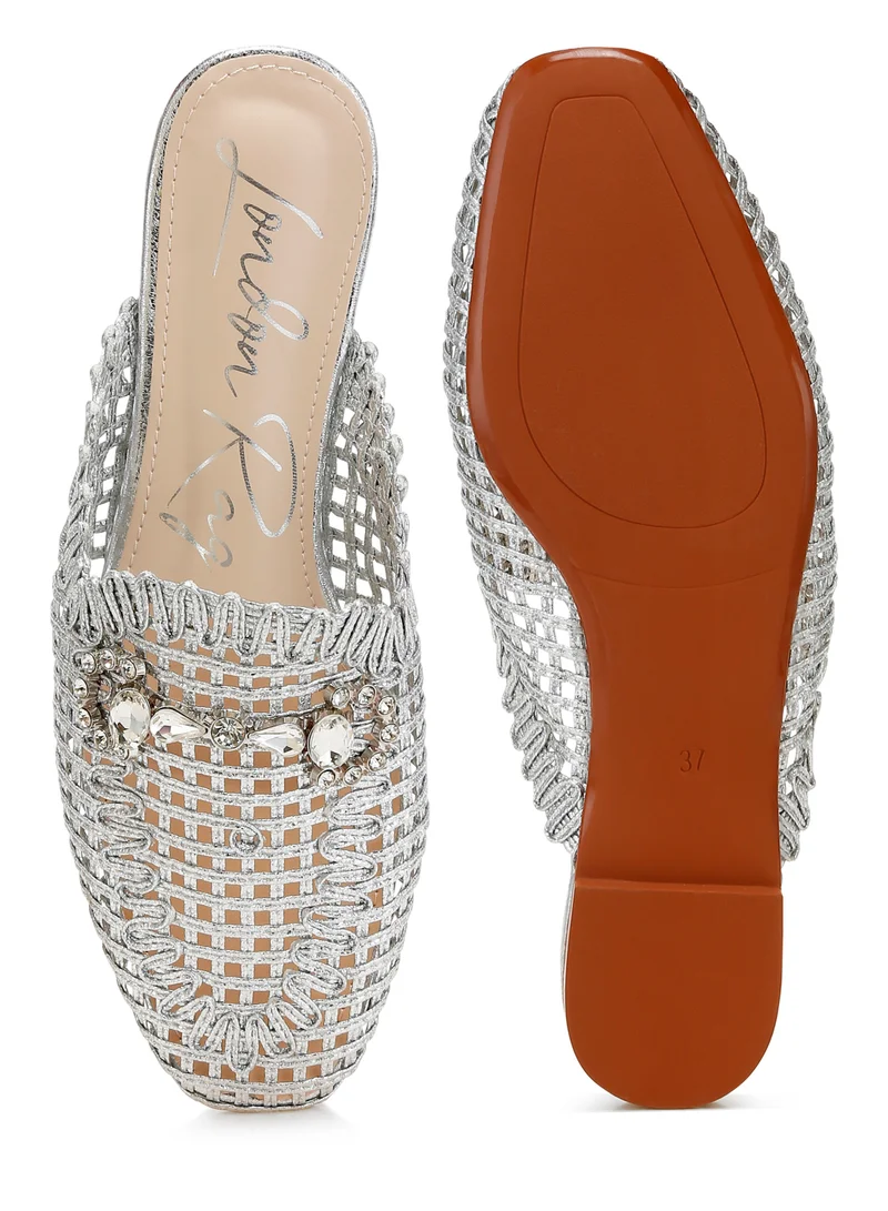 London Rag Metallic Woven Diamante Mules in Silver