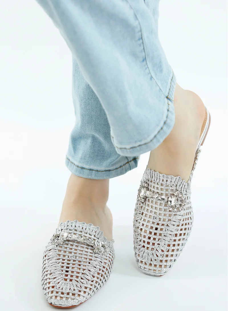 London Rag Metallic Woven Diamante Mules in Silver