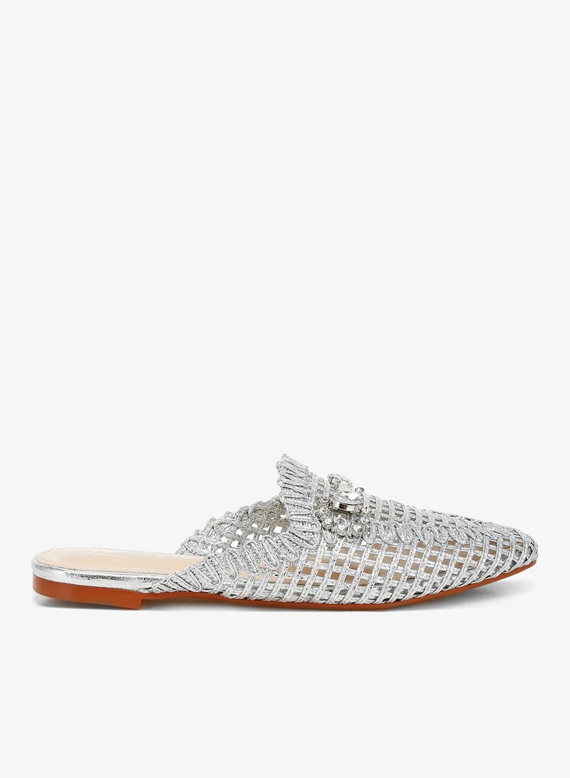 Metallic Woven Diamante Mules in Silver