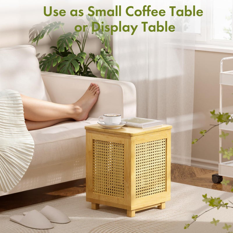 Atoping End Table for Living Room, Small Side Table with Storage, Bamboo Rattan Weave with Removable Cushion Top, Multifunctional Nightstand Ottoman Footrest Seat & Organizer for Bedroom, Office - Image 3