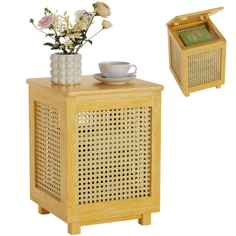Atoping End Table for Living Room, Small Side Table with Storage, Bamboo Rattan Weave with Removable Cushion Top, Multifunctional Nightstand Ottoman Footrest Seat & Organizer for Bedroom, Office - Image 1